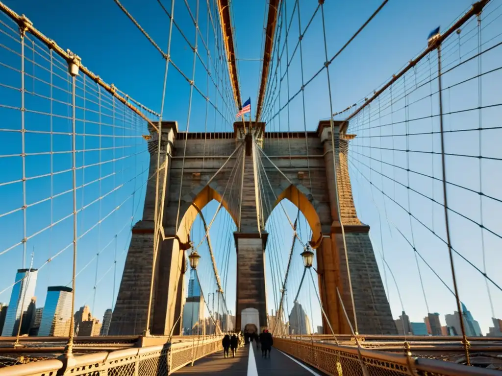 Brooklyn Bridge: Icono atemporal de la literatura Una representación literaria de puentes icónicos: El imponente Brooklyn Bridge, con juego de luces y sombras, símbolo atemporal para la literatura