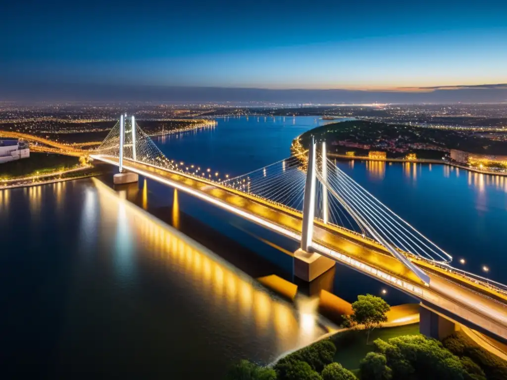 Diseño luminotécnico impresionante: puente iluminado de noche, reflejos vibrantes en el agua, símbolo de ingeniería moderna y estética lumínica