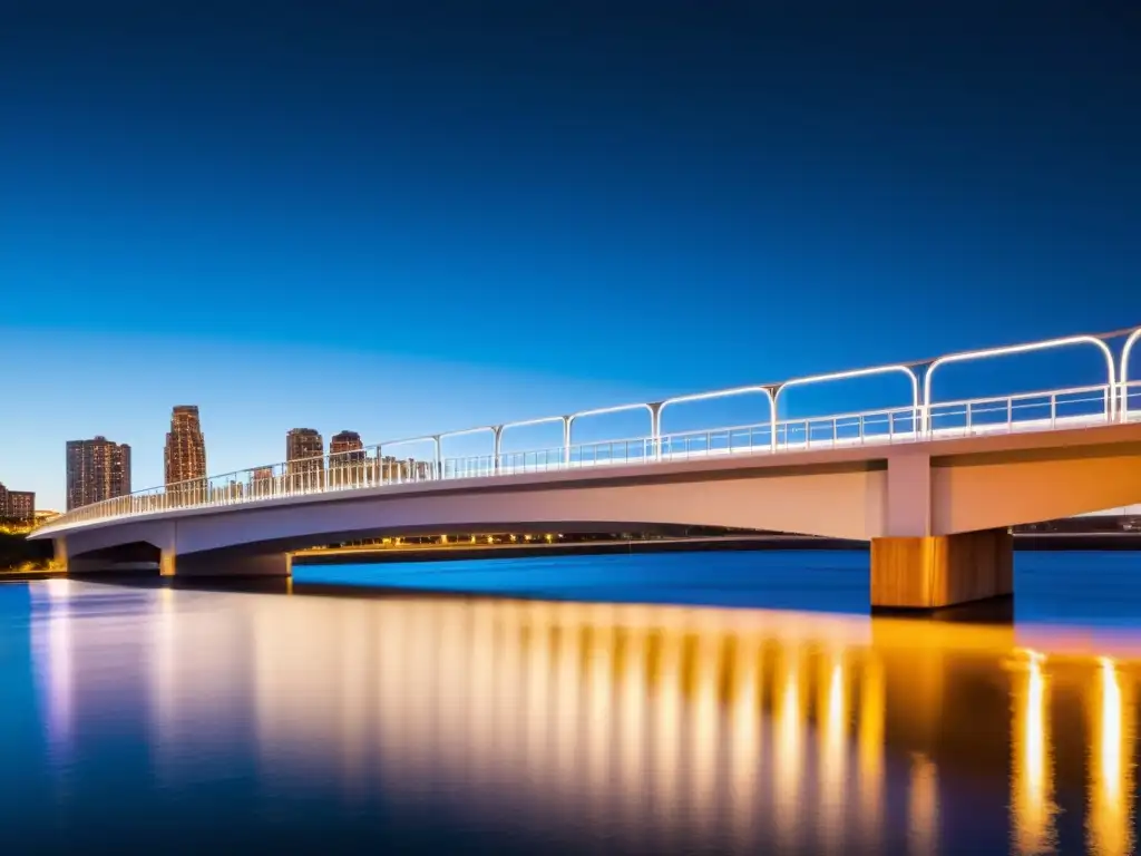 Diseño luminotécnico impresionante: puente moderno iluminado de noche, destacando su elegancia arquitectónica con luces dinámicas y sombras dramáticas