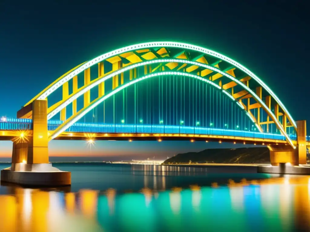 Diseño luminotécnico en puentes impresionantes: una vista nocturna deslumbrante con luces coloridas iluminando un puente, reflejándose en el agua