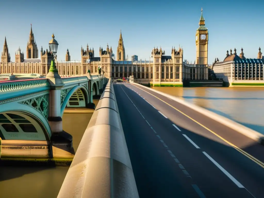 La luz de la tarde ilumina los detalles arquitectónicos del Puente de Westminster, mostrando su historia y belleza atemporal en Londres