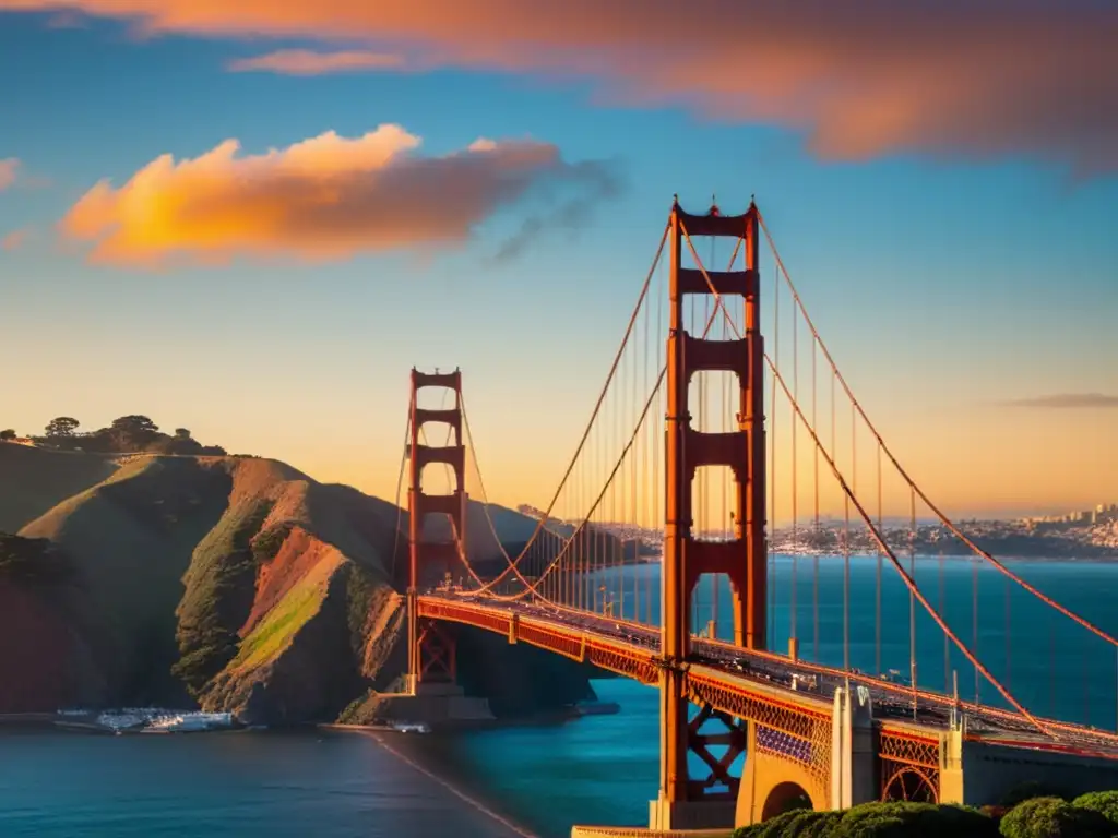 La majestuosa arquitectura del Puente Golden Gate destaca en un atardecer vívido, evocando su impacto cultural en el paisaje urbano