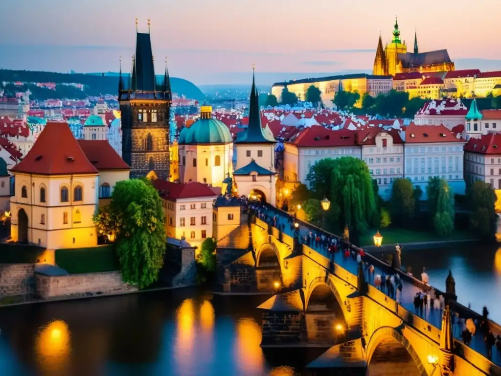 La majestuosa arquitectura gótica del Puente de Carlos en Praga, bañada por la cálida luz dorada del atardecer, con el río Vltava sereno abajo