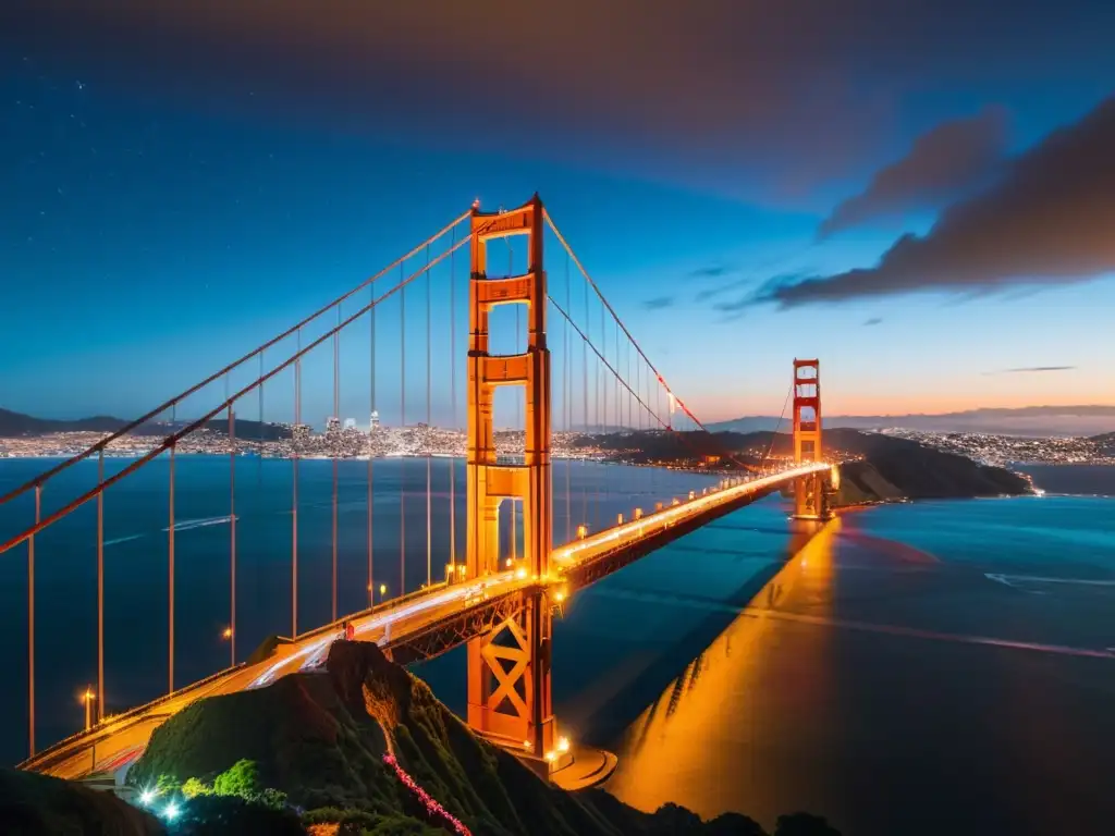 La majestuosa iluminación artística del Puente Golden Gate en la noche, resalta su icónica arquitectura sobre las aguas tranquilas