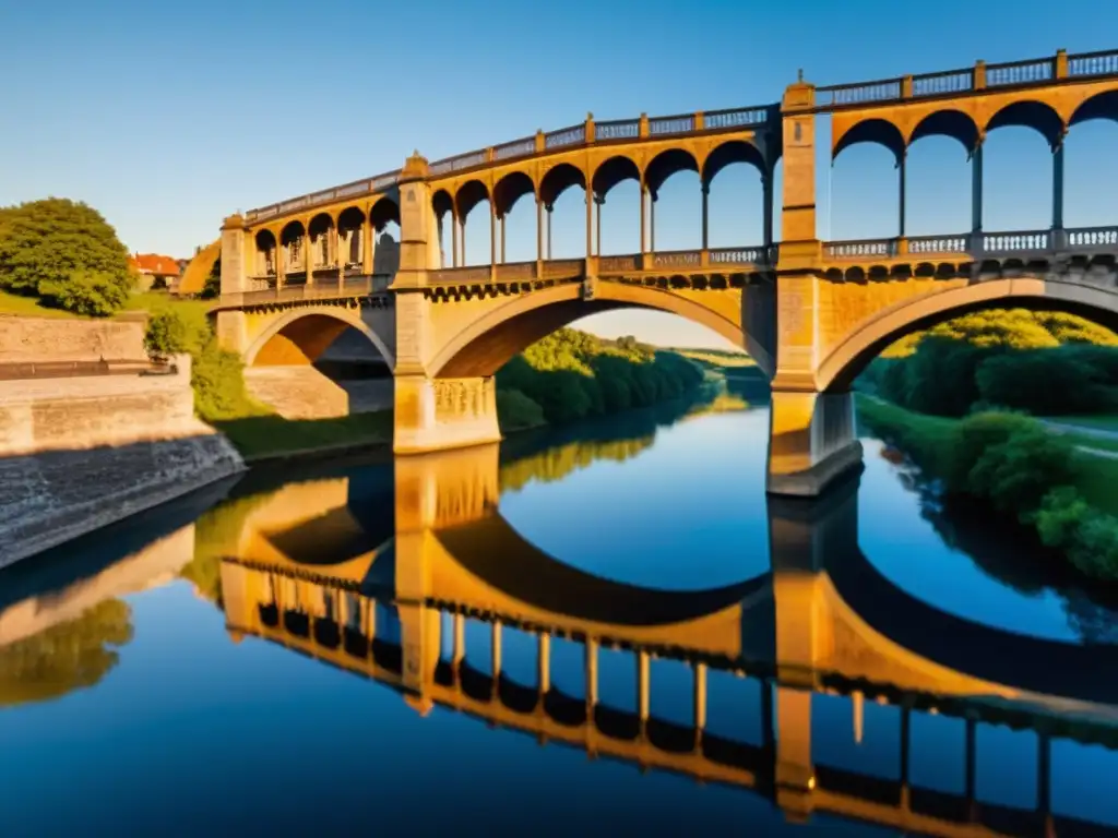 Una majestuosa y atemporal imagen de un puente monumental, reflejado en el río al atardecer