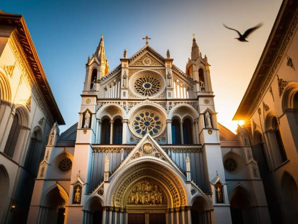 La majestuosa catedral bañada por la cálida luz dorada del atardecer, con detalles arquitectónicos y aves en vuelo