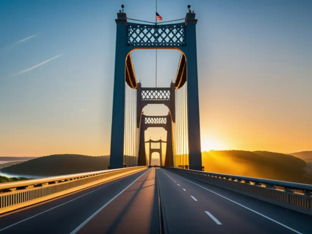 Una majestuosa imagen de un puente al amanecer, destacando sus detalles arquitectónicos con luz cálida