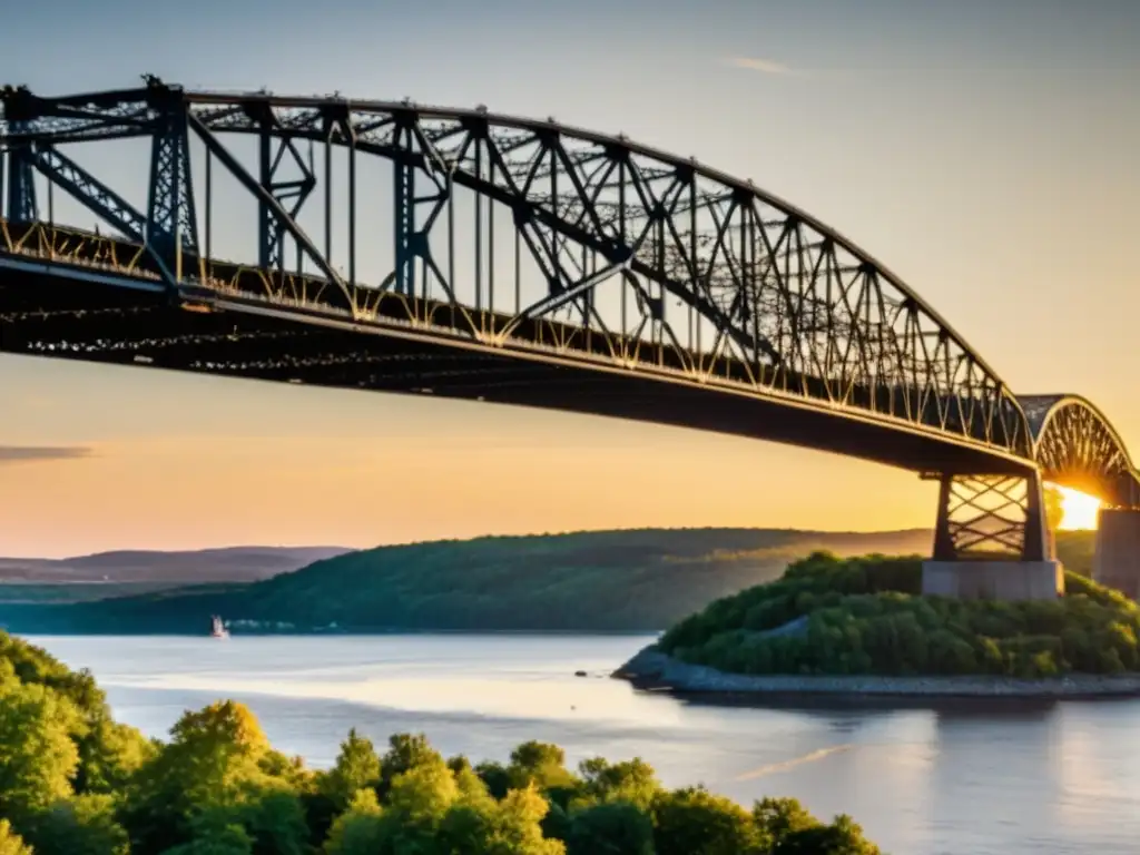 La majestuosa importancia histórica del Puente de Quebec resplandece al atardecer sobre el río San Lorenzo