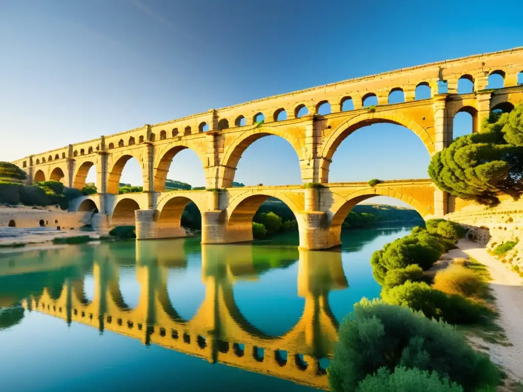 La majestuosa luz del atardecer baña el antiguo acueducto romano Pont du Gard, reflejándose en el río, rodeado de exuberante vegetación