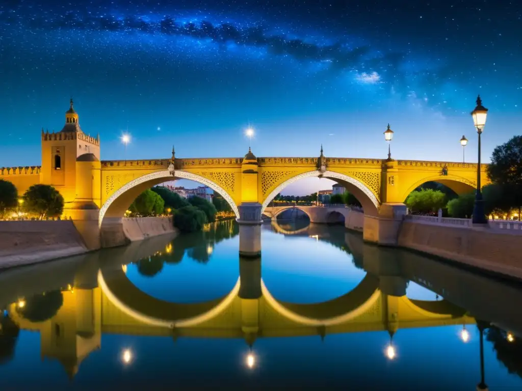 La majestuosa Puente de la Barqueta en Sevilla, España, iluminada por las luces de la ciudad en contraste con el cielo nocturno