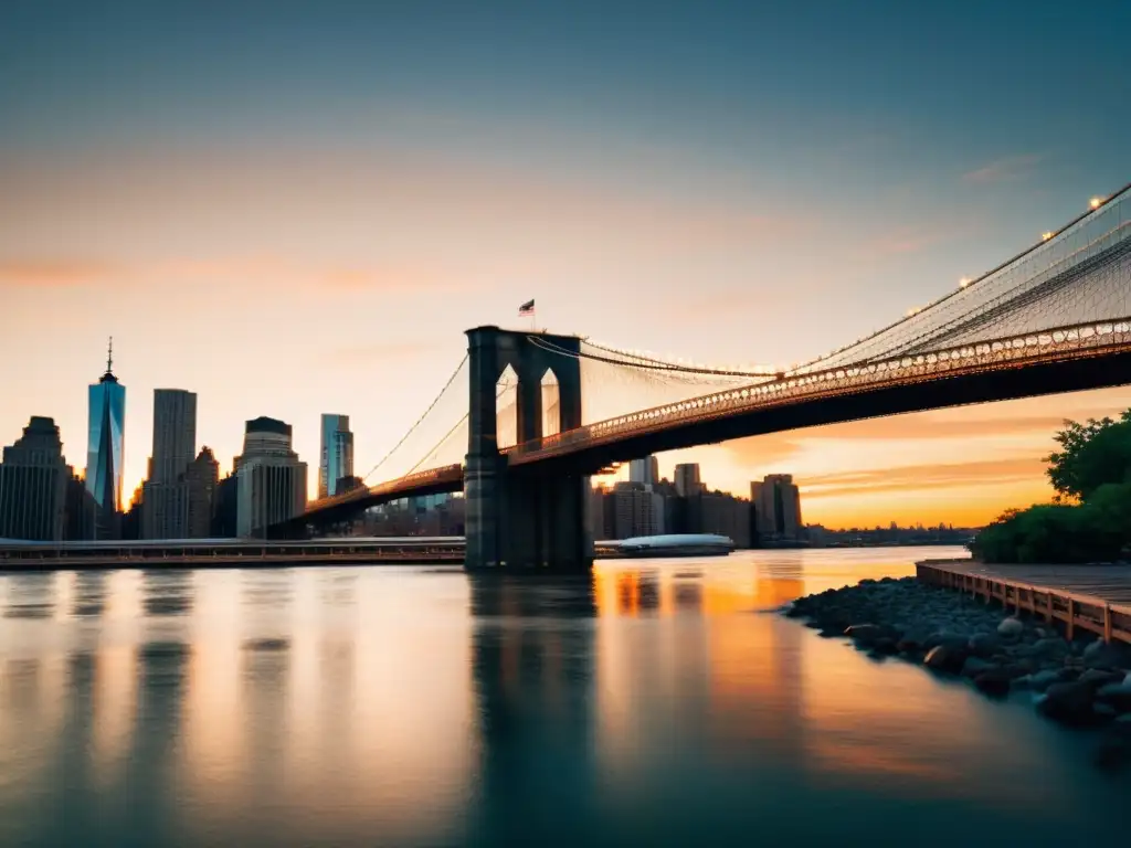 La majestuosa silueta del Puente de Brooklyn al atardecer, reflejada en el sereno East River, destaca los cables de acero y arcos góticos