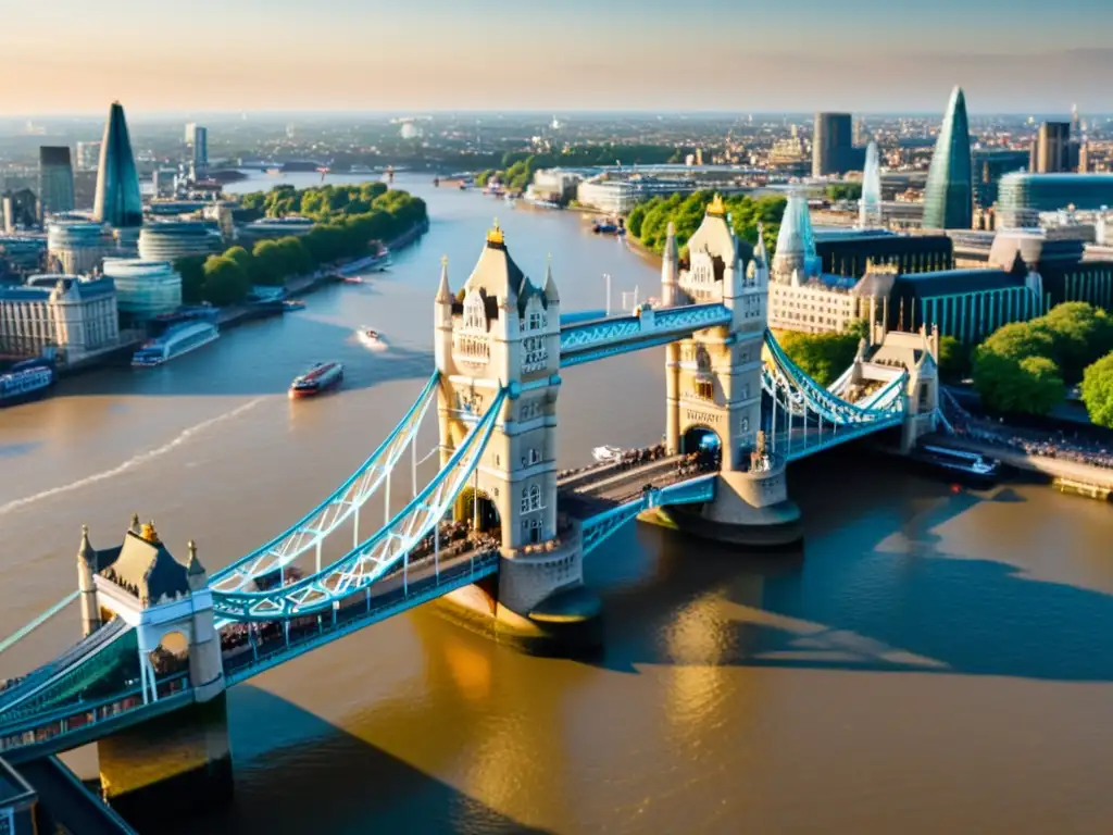 La majestuosa Torre de Londres al atardecer sobre el río Támesis, destaca su estructura de acero y la belleza atemporal