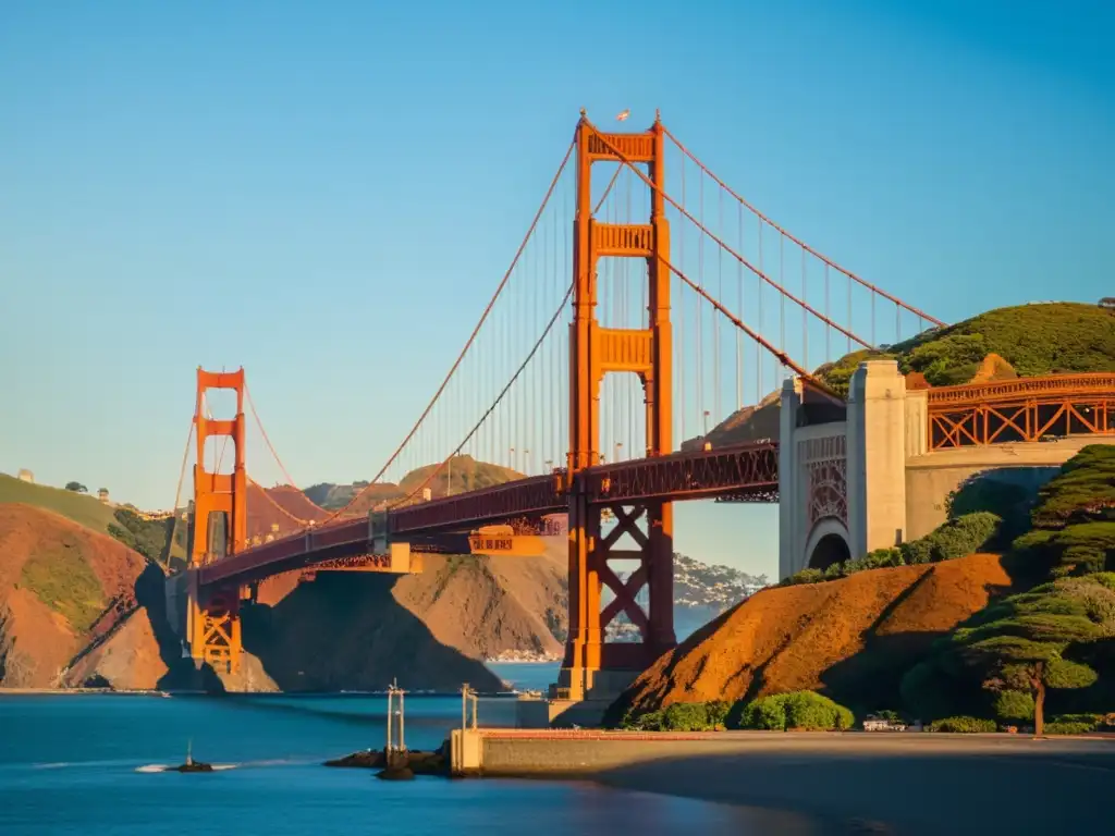 Una majestuosa vista del icónico Puente Golden Gate al atardecer, destacando su arquitectura y significado cultural en la historia de los puentes