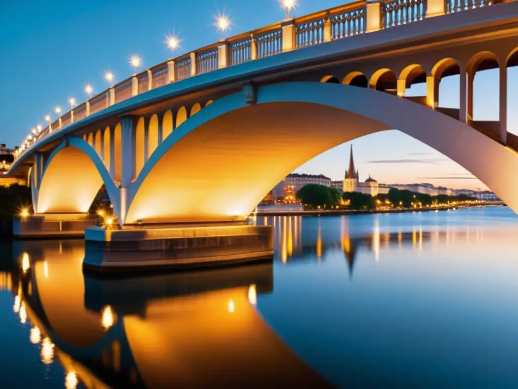 Una majestuosa vista de un puente al atardecer, con cálidos tonos iluminando los detalles arquitectónicos