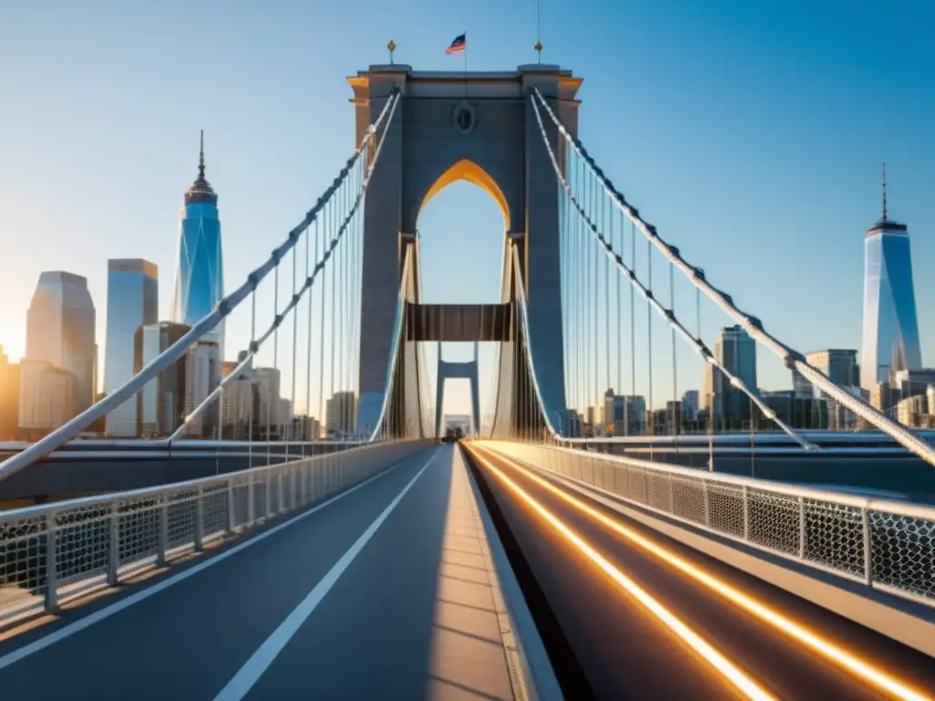 Una majestuosa vista de un puente moderno en 8k, resaltando su sofisticado diseño de acero y su rol vital en la infraestructura urbana