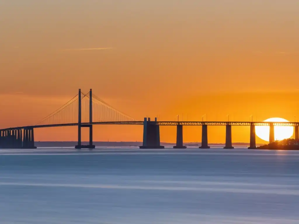 El puente Øresund se alza majestuoso sobre el agua al atardecer, reflejando su impacto cultural en la silueta urbana