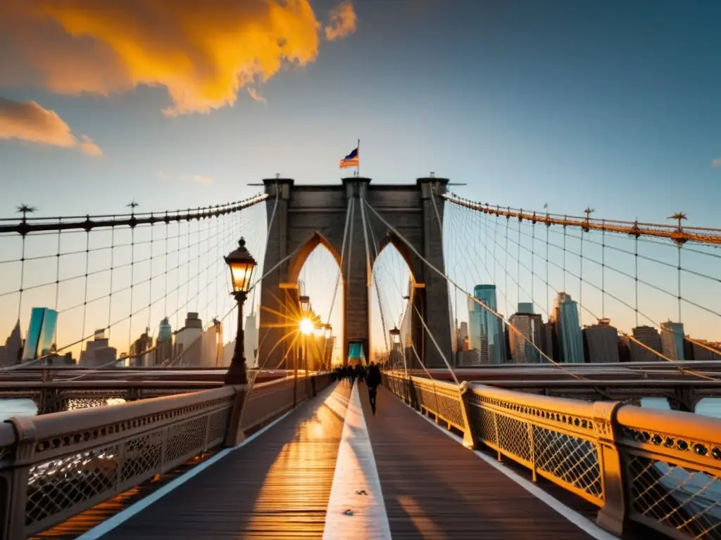 Un majestuoso atardecer en el Puente de Brooklyn capturado en 8k, con la icónica arquitectura gótica y cables destacando