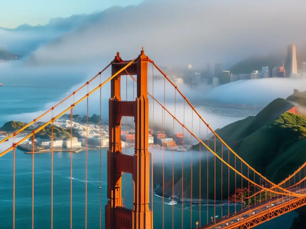 El Puente Golden Gate en San Francisco emerge majestuoso en la neblina de la mañana, mostrando su estructura impresionante