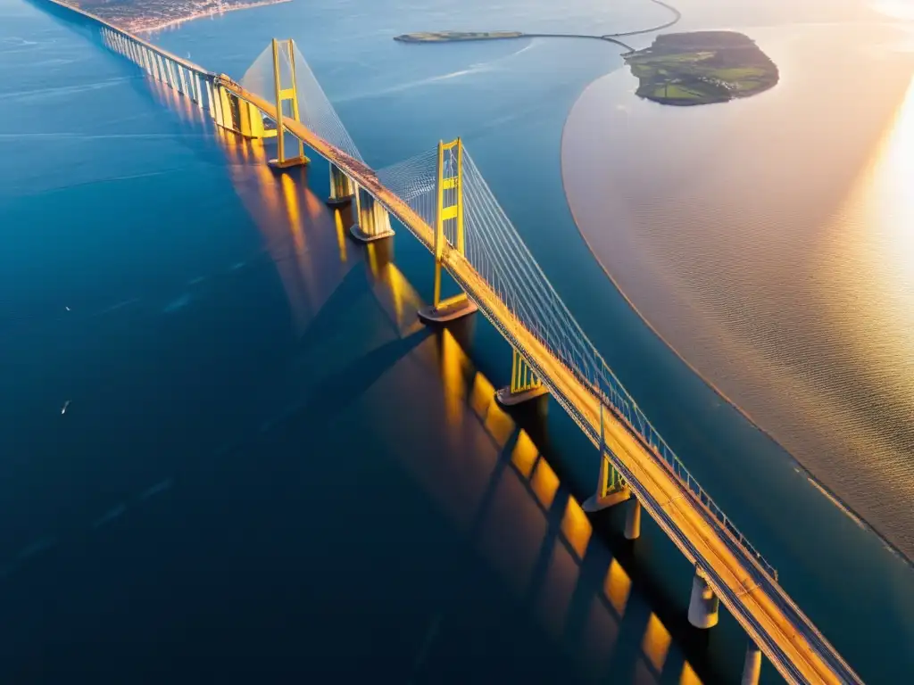 El majestuoso Puente de Øresund historia y arquitectura se despliega al atardecer, conectando Suecia y Dinamarca sobre aguas relucientes