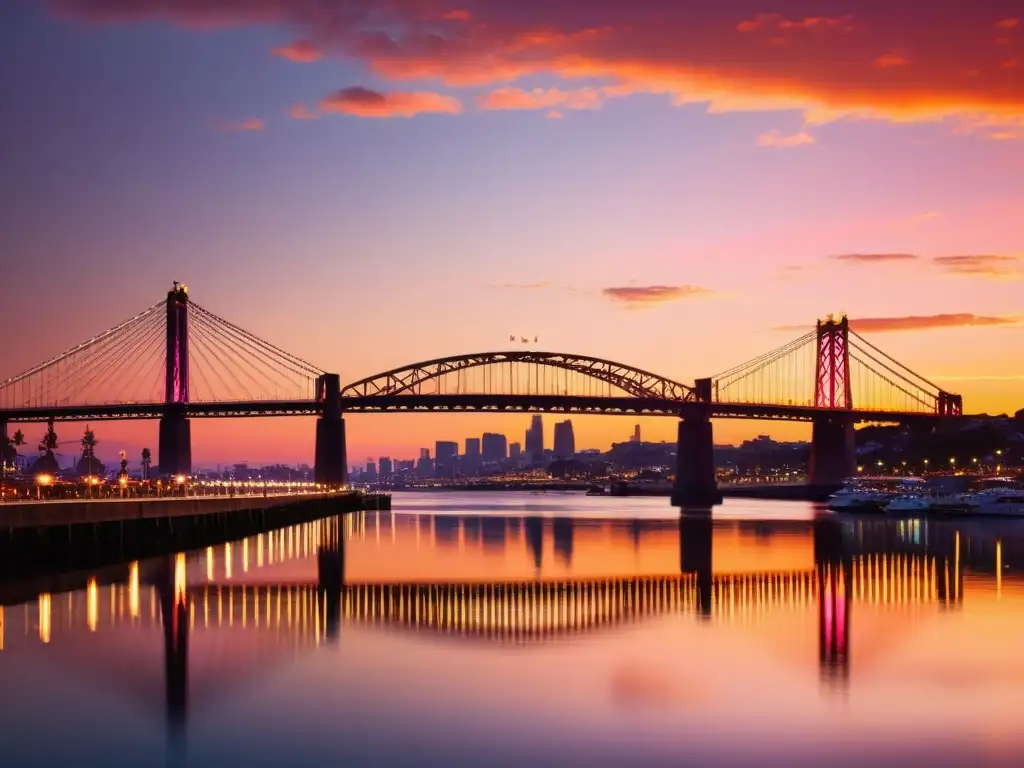 Un majestuoso puente al atardecer con efectos postproducción fotos puentes, reflejando tonos naranjas y rosados sobre las tranquilas aguas