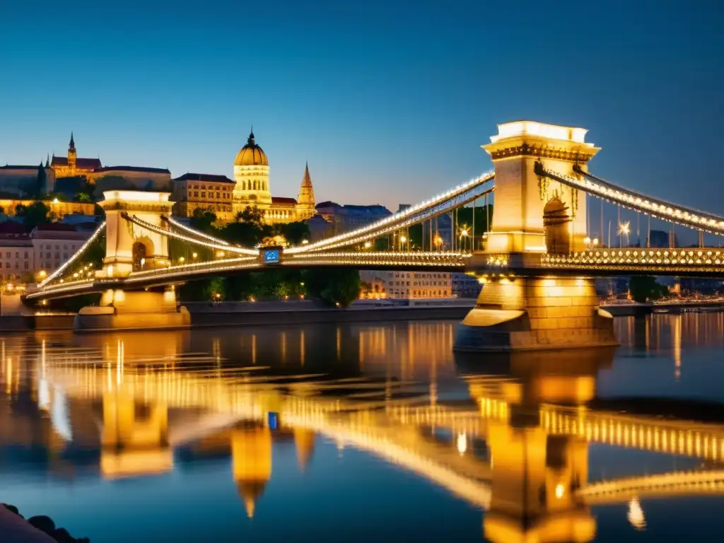 El majestuoso Puente de las Cadenas Budapest se ilumina bajo el resplandor nocturno, reflejando su belleza en las aguas serenas del Danubio