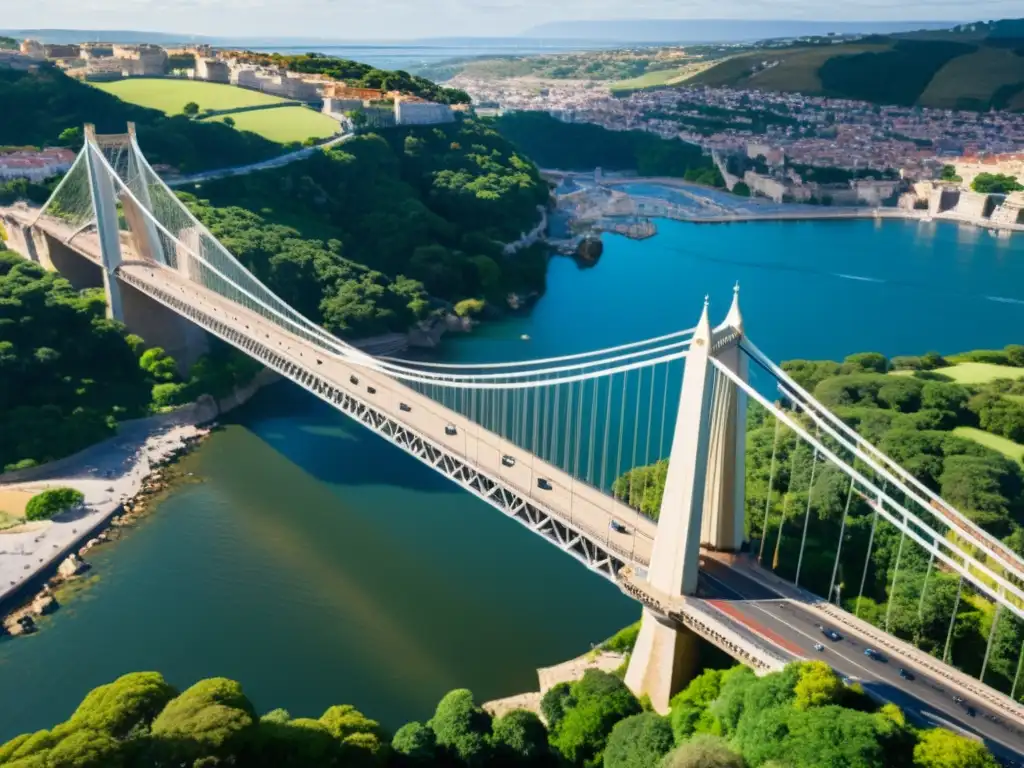 Representación 3D del majestuoso Puente Colgante de Clifton, bañado en cálida luz natural, resaltando su grandiosidad arquitectónica y entorno natural