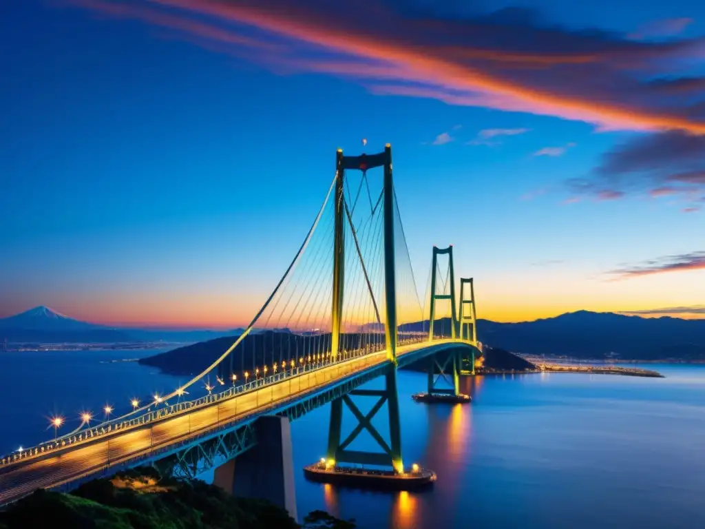 El majestuoso Puente Akashi Kaikyō en Japón se destaca con sus curvas elegantes y sus altos pilones, enmarcado por un vibrante atardecer