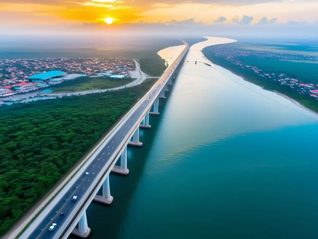 Un majestuoso puente de Kigamboni en Tanzania con un diseño arqueado y el cálido atardecer sobre la ciudad de Dar es Salaam al fondo