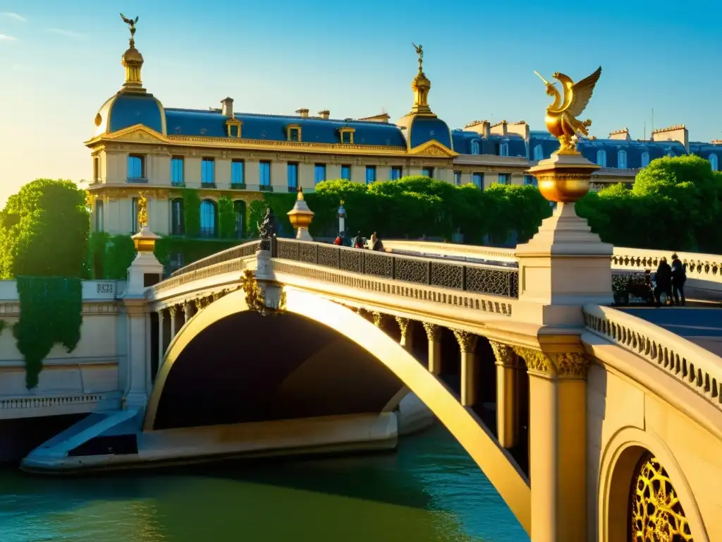 El majestuoso Puente de Alejandro III en París irradia elegancia imperial a la luz de la tarde sobre el río Sena