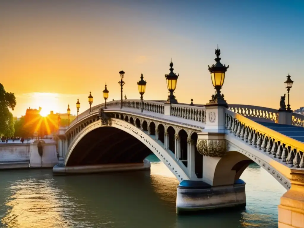 El majestuoso Puente de Alejandro III en París, con una elegancia ornamental que se destaca sobre el río Sena al atardecer