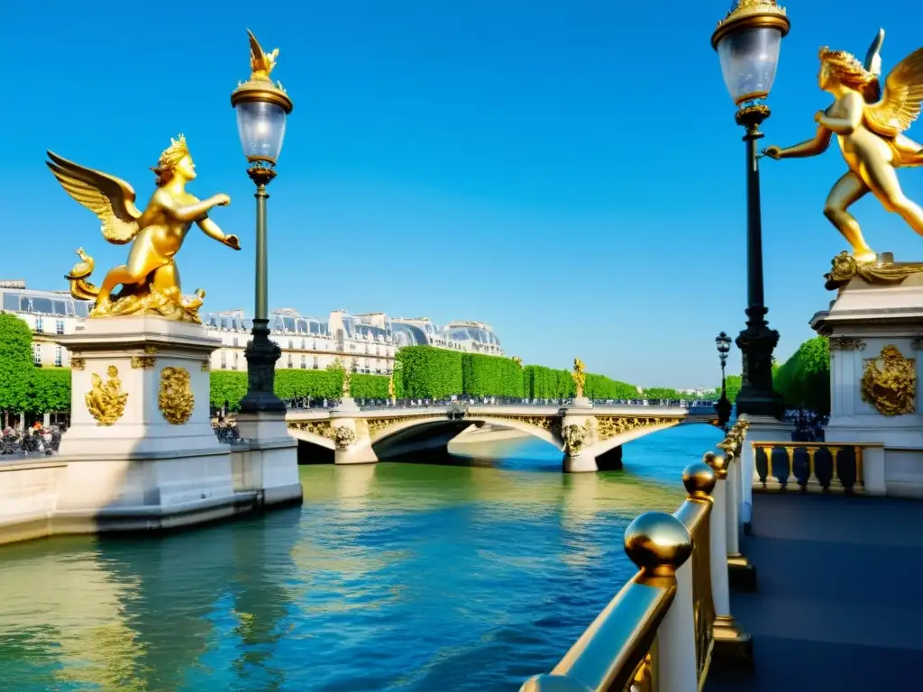 El majestuoso Puente de Alejandro III en París, con esculturas doradas y una elegancia imperial