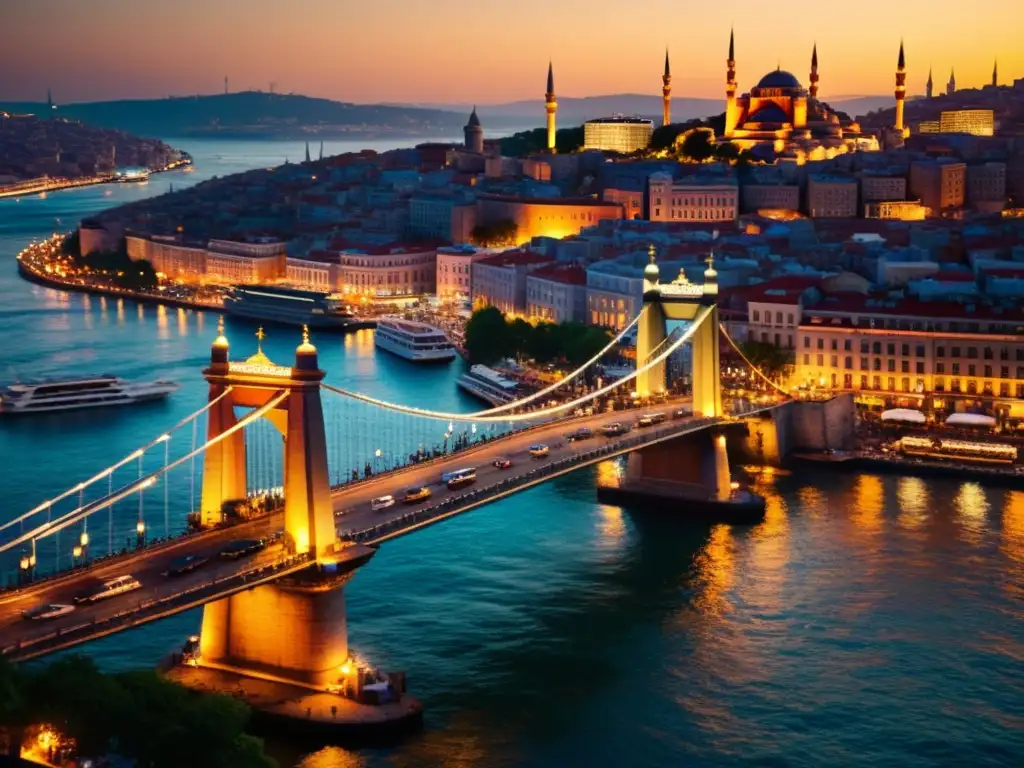 El majestuoso Puente Galata en Estambul al atardecer, con su arquitectura detallada y el cálido resplandor dorado del sol