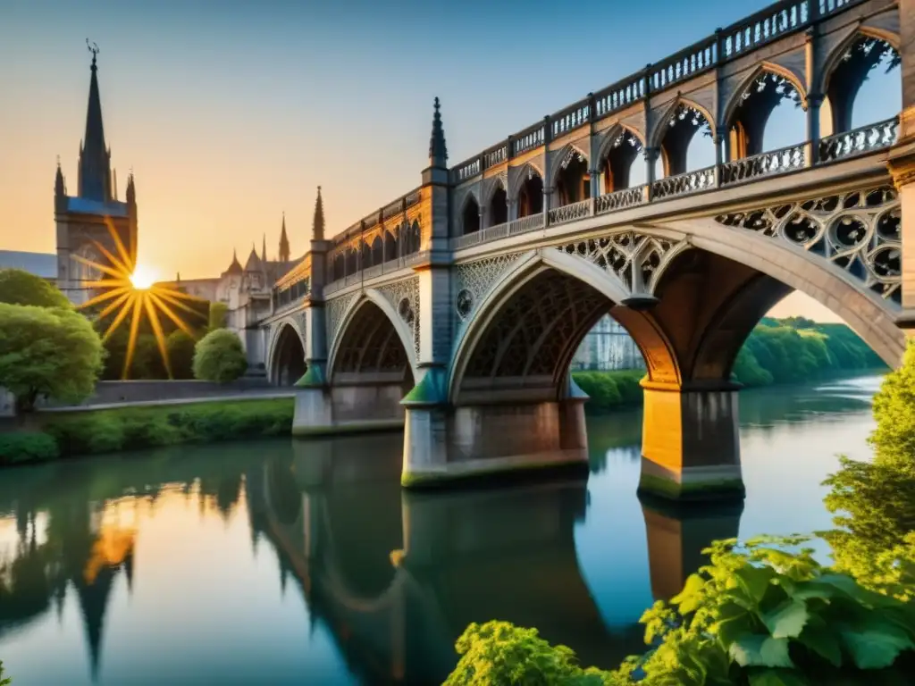 Un majestuoso puente gótico estructuralmente impresionante bañado por el cálido resplandor del atardecer, reflejándose en el río