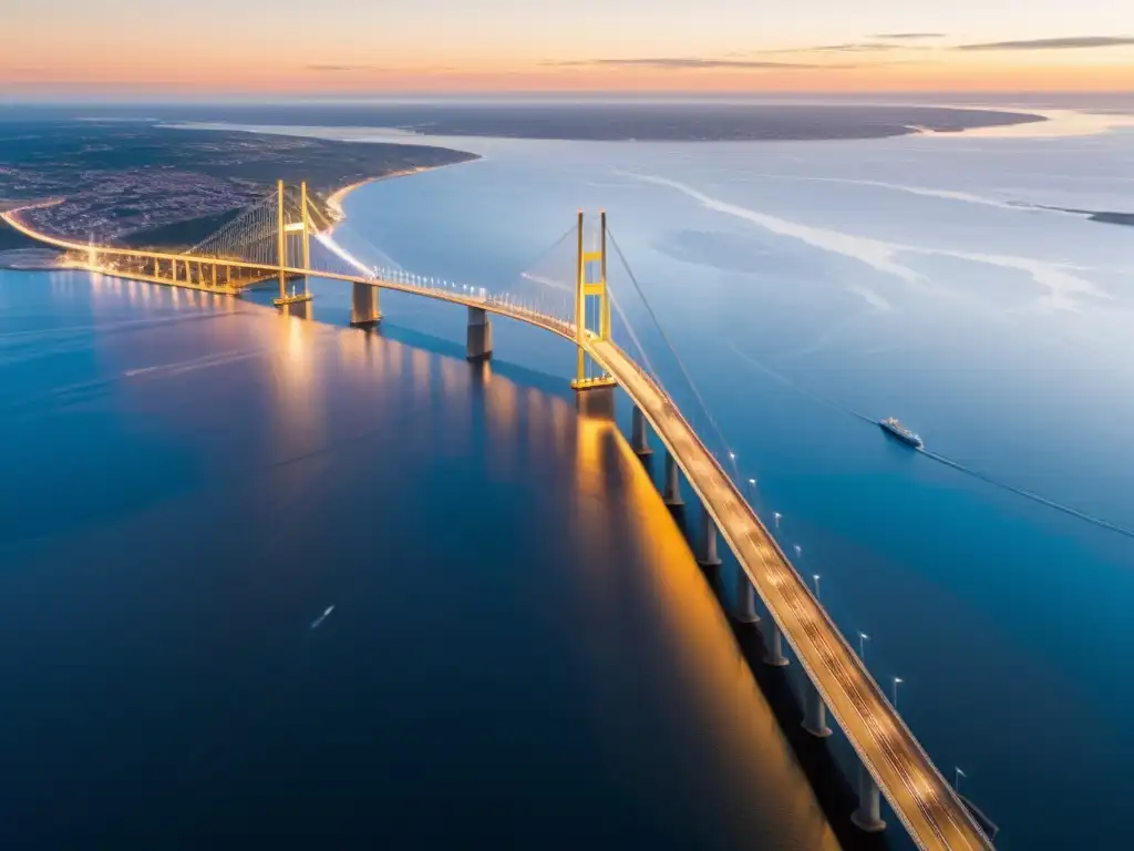 El majestuoso Puente de Øresund, uniendo innovación humana y naturaleza, con su elegante arquitectura sobre aguas tranquilas al atardecer