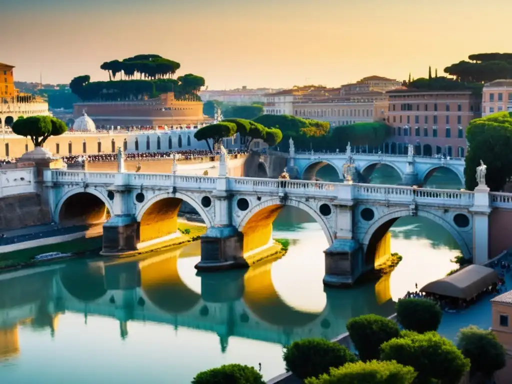 El majestuoso Puente Sant'Angelo en Roma, iluminado por el suave atardecer, evoca historia y arquitectura de puentes