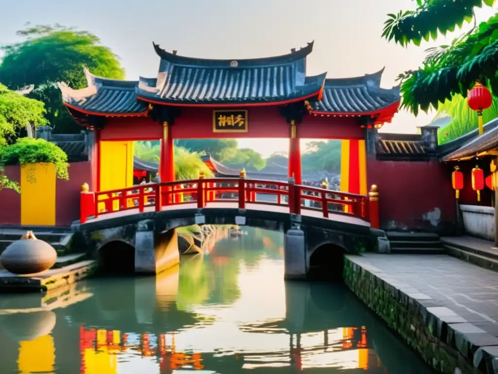 El majestuoso Puente Japonés Cubierto Hoi An brilla sobre el río Thu Bon, rodeado de naturaleza exuberante y faroles tradicionales