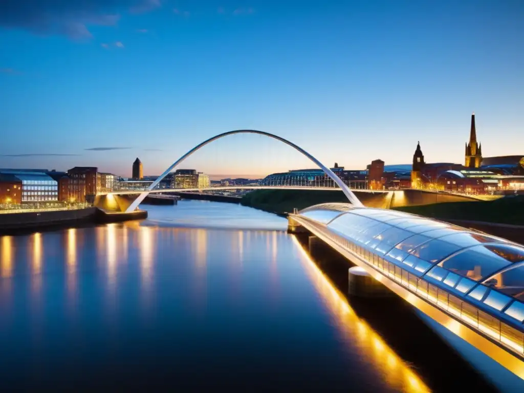 El majestuoso Puente Gateshead Millennium Innovador se inclina para dejar pasar barcos, resaltando su diseño moderno y relevancia cultural