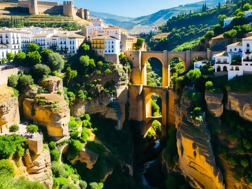 El majestuoso Puente Nuevo de Ronda Andalucía se alza sobre el impresionante paisaje, bañado por la luz del sol y enmarcado por la belleza natural