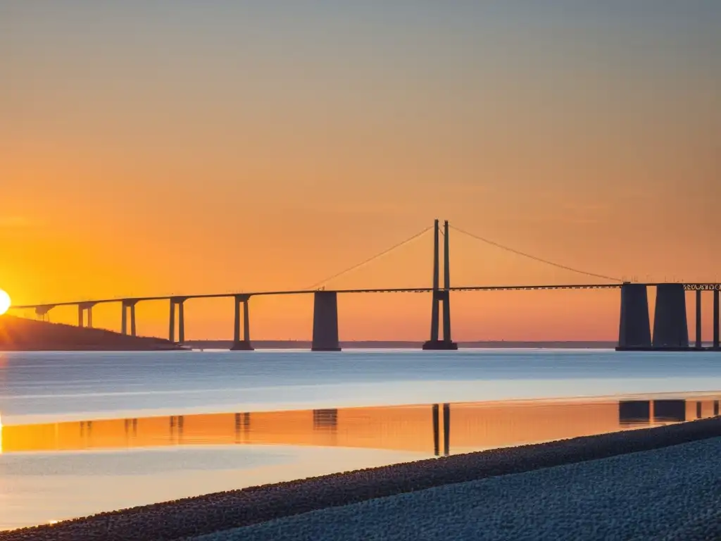 El majestuoso Puente de Øresund conecta dos países con su elegante diseño y atardecer dorado, resaltando su historia y arquitectura