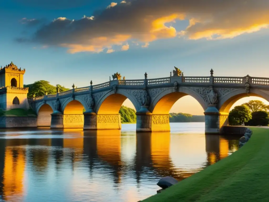 Un majestuoso puente de piedra sobre un río, bañado en luz dorada al atardecer