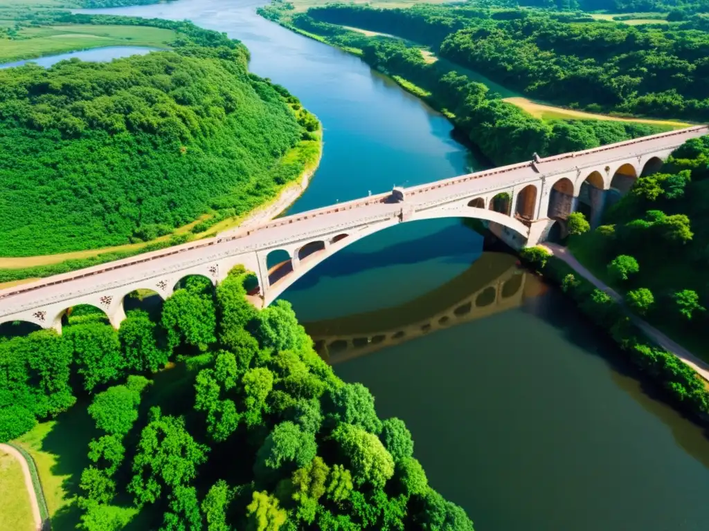 Un majestuoso puente de piedra cruza un río cristalino, mientras el sol crea un espectáculo de luz y sombra