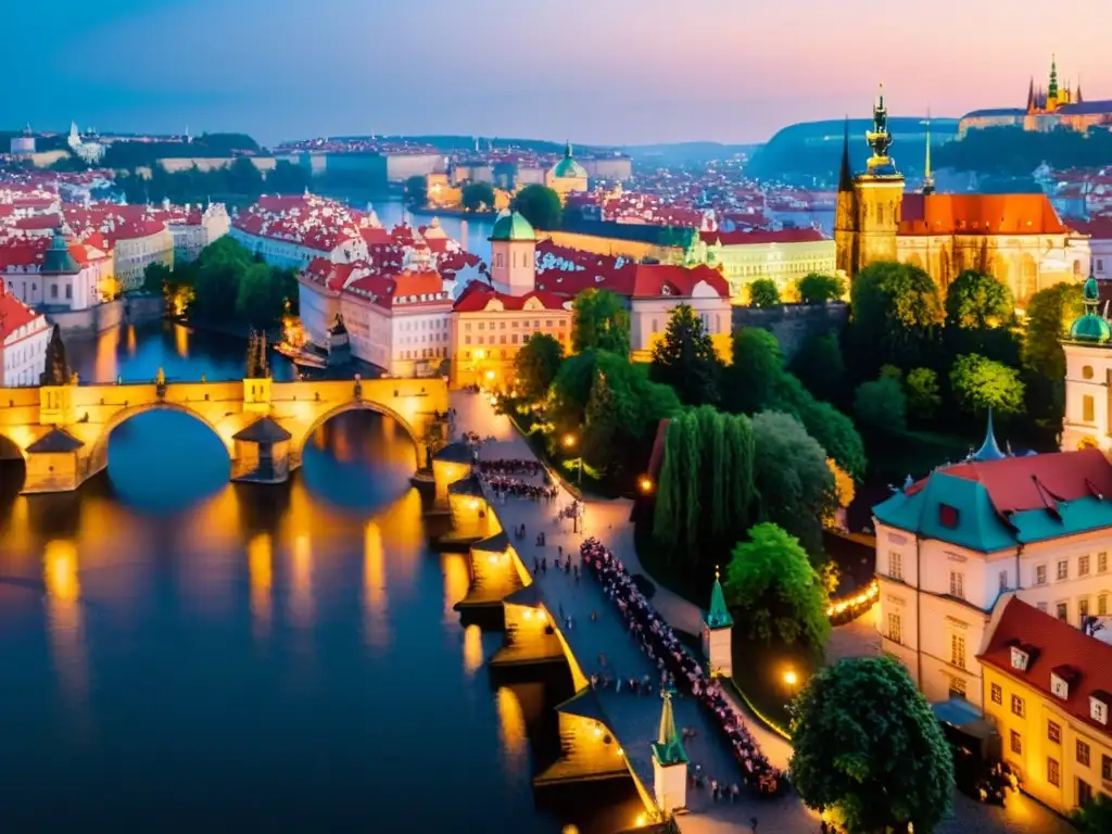 El majestuoso Puente de Carlos en Praga se extiende sobre el río Vltava, flanqueado por edificios históricos y estatuas de santos, creando una escena encantadora y atemporal