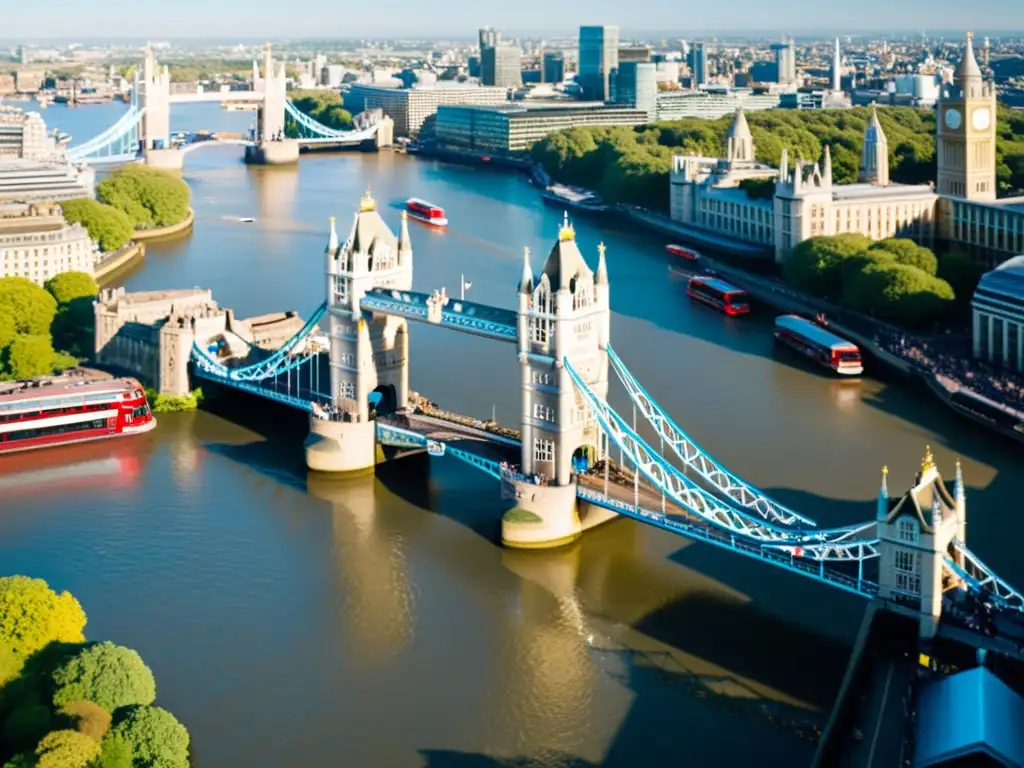 Un majestuoso puente de Londres sobre el río Támesis, con sus icónicas torres gemelas y bus rojo