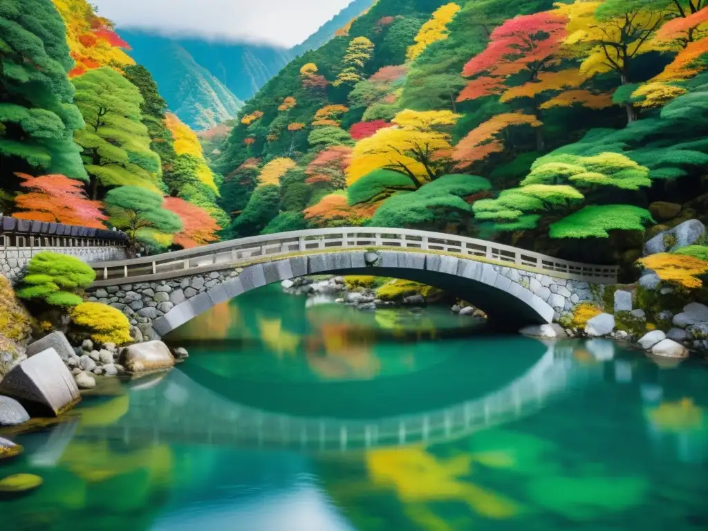 El majestuoso Puente de Piedra Shinkyo Japón se refleja en el río Daiya, rodeado de exuberante naturaleza y colores otoñales vibrantes