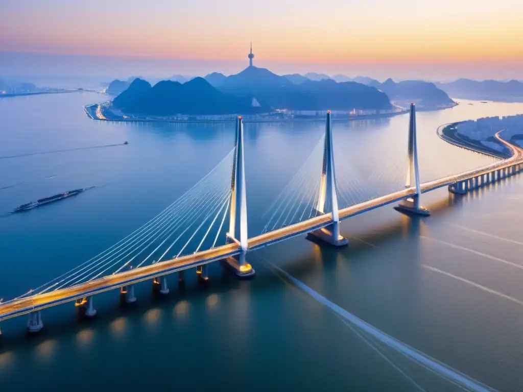 El majestuoso Puente de la Bahía de Hangzhou se extiende sobre el vasto horizonte, iluminado por el cálido resplandor del sol poniente