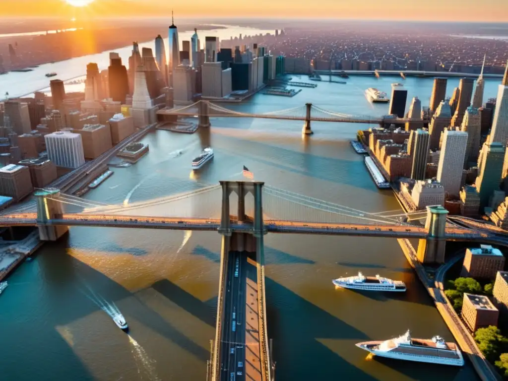 Un majestuoso tour en 3D del icónico Puente Brooklyn al atardecer en Nueva York, con sus imponentes cables, torres y pasarelas