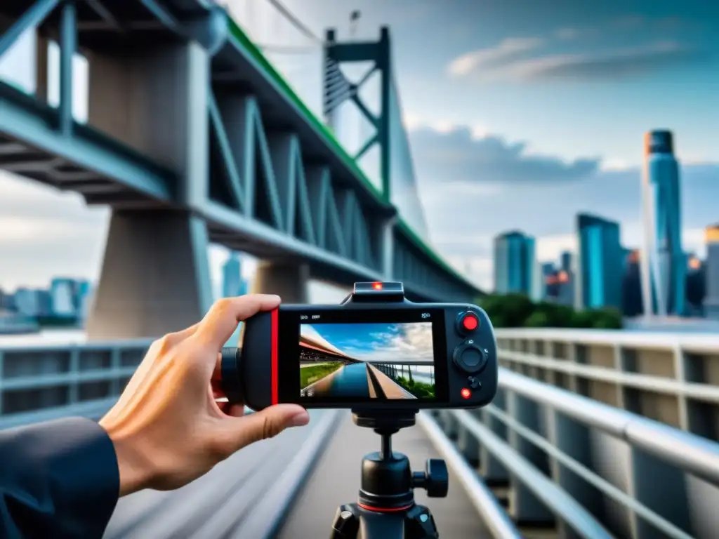 Mano de fotógrafo ajustando dispositivo de control remoto para capturar imágenes en espacios amplios urbanos con un puente moderno al fondo