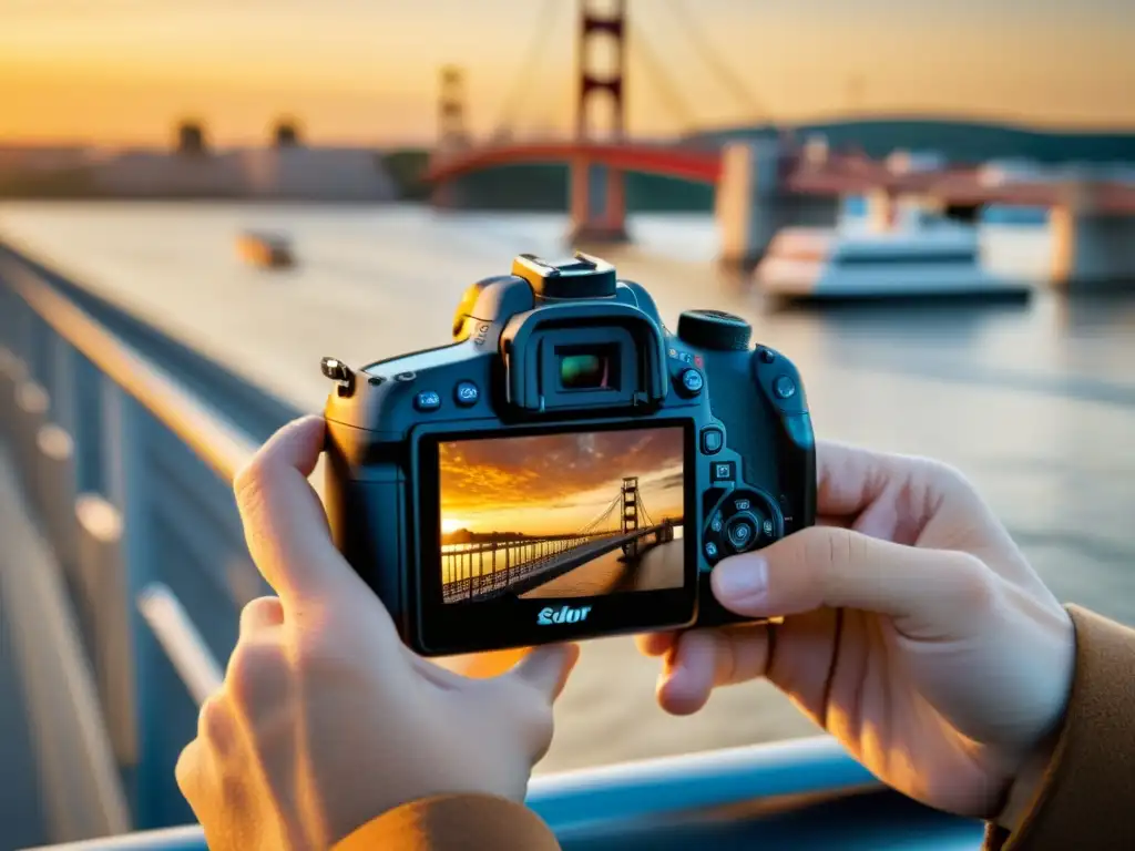 Mano de fotógrafo insertando tarjeta de memoria en cámara DSLR en puente al atardecer, evocando precisión y expertise en fotografía de puentes