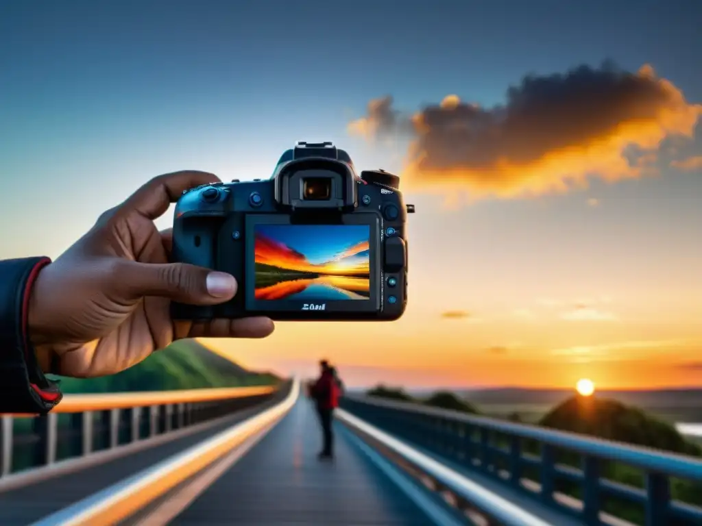 Mano insertando tarjeta de memoria en cámara DSLR en puente al amanecer, resaltando detalles y colores