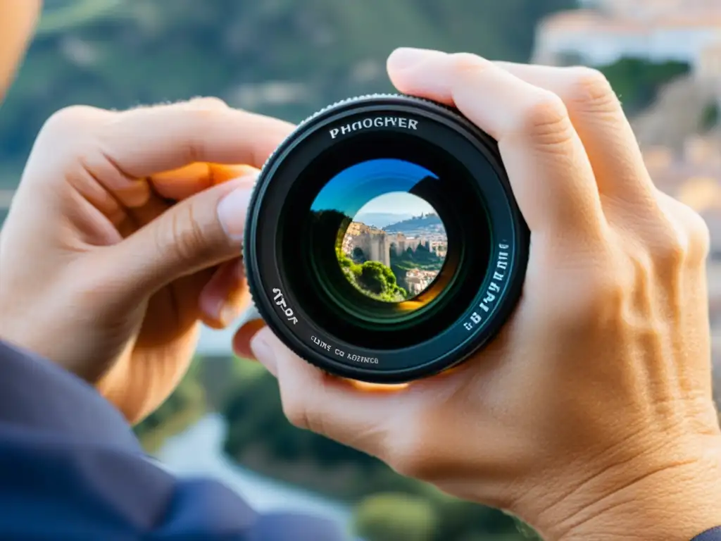 Manos de fotógrafo limpiando con cuidado un lente de cámara, revelando el puente icónico de Ronda